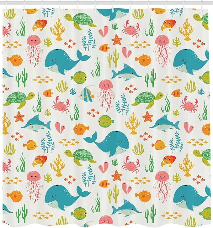 Ambesonne Cartoon Shower Curtain, Colorful Underwater Animals Aquatic Marine Life Aquarium Pattern of Crabs Seastars and Fishes, Cloth Fabric Bathroom Decor Set with Hooks, 69" W x 75" L, Pink Green