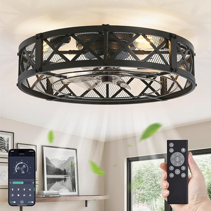 LEDIARY 23" Caged Ceiling Fan with Light, APP&Remote Control, Large Flush Mount Modern Fan Lights, Low Profile Rustic Bladeless Ceiling Fan Fixtures for Bedroom, Kitchen-Black Color