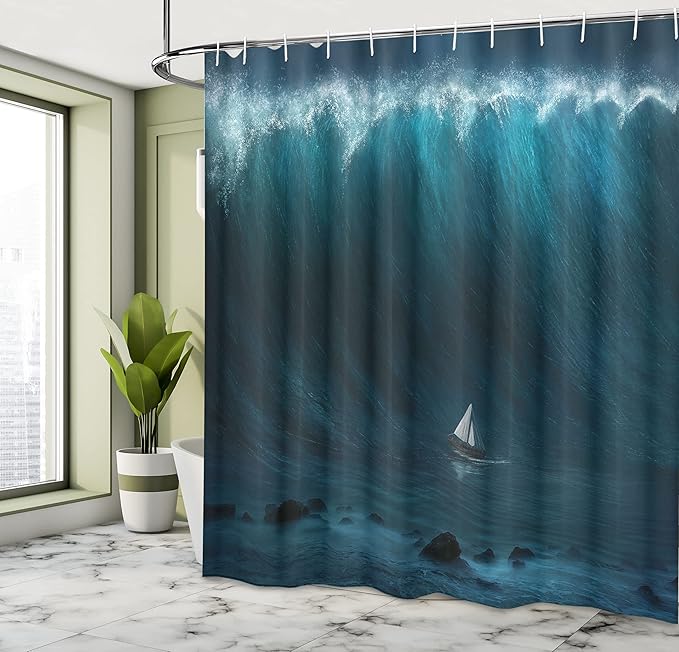 Ambesonne Ocean Shower Curtain, Small Boat Being Captured by a Large Wave Seastorm Tsunami Marine Aquatic Theme, Cloth Fabric Bathroom Decor Set with Hooks, 69" W x 70" L, Blue White