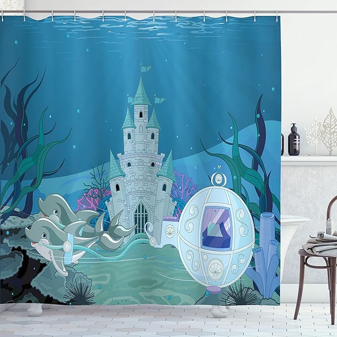 Ambesonne Ocean Shower Curtain, Mermaid Castle with Dolphins Moss Fish Sun Beams Art Print, Cloth Fabric Bathroom Decor Set with Hooks, 69" W x 70" L, Turquoise Teal