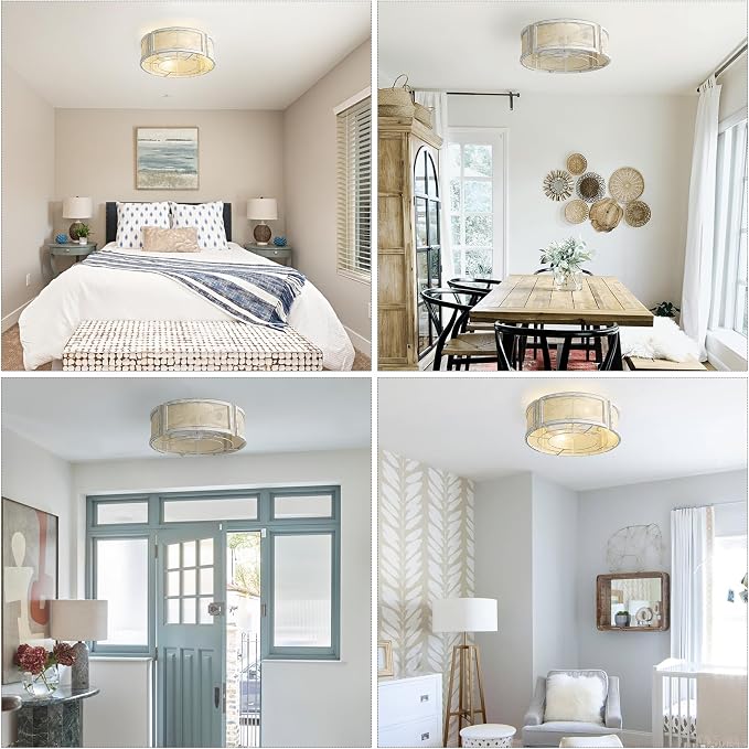 20" Boho Ceiling Fans with Lights, Rattan Flush Mount Ceiling Fan with Light Remote Control with Caged 6 Speeds for Bedroom, Nursery, Living Room (White)
