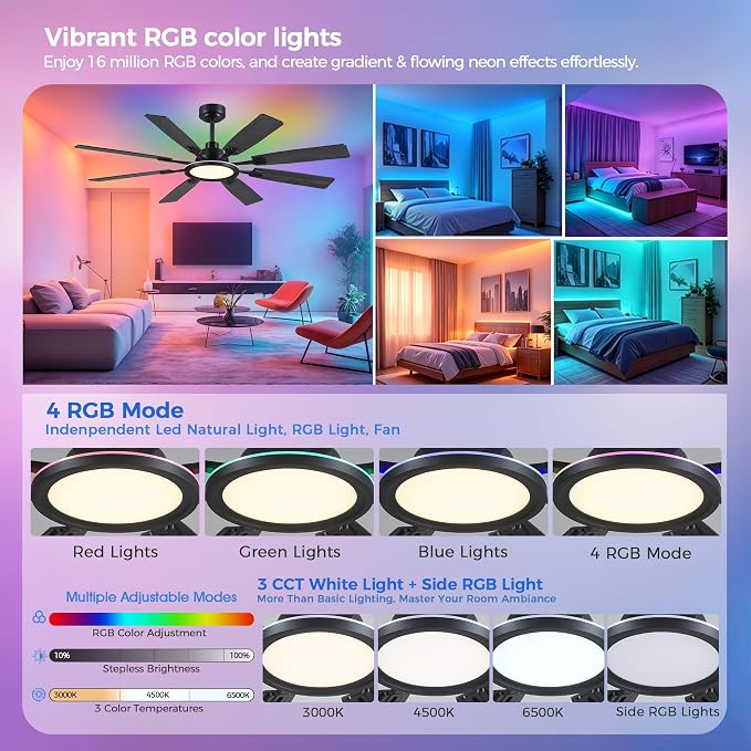 Ceiling Fan With Light & Remote Indoor/Outdoor Use 60 Inch RGB Black | Remote Control,RGB Dimmable,Reversible DC Motor,3CCT,Timer,Noiseless,Ceiling Fan for Bedroom Living Room