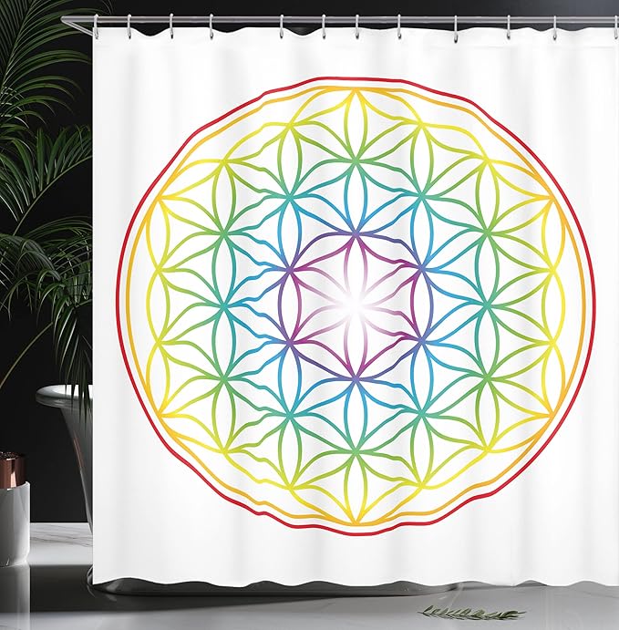 Ambesonne Colorful Shower Curtain, Flower of Life Pattern Radiant Colors Cosmic Dimension Space Forms Print, Cloth Fabric Bathroom Decor Set with Hooks, 69" W x 84" L, White Plum Earth Yellow