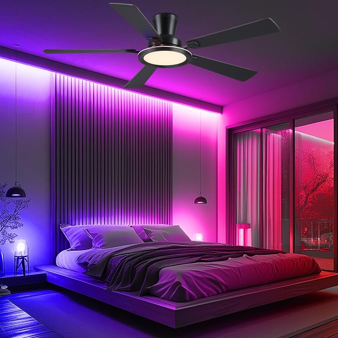 Ayaoty Ceiling Fans with Lights - 52in Flush Mount Ceiling Fan with RGB Dimmable, 3CCT 6 Wind Speeds and Reversible Quiet Motor, Low Profile RGB Fan Light for Modern Indoor, Party - Black