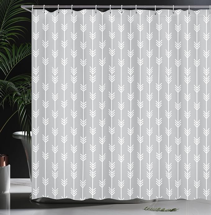 Ambesonne Arrows Shower Curtain, Minimalistic Look Classic Continuous Shapes Geometric Pattern Monochromatic Bohemian Art Image, Cloth Fabric Bathroom Set with Hooks, 69" W x 70" L, Grey and White