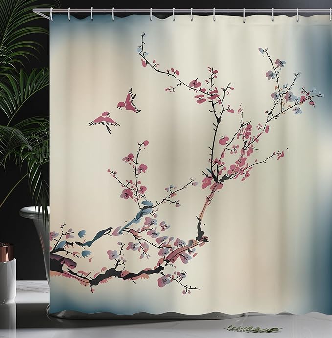 Ambesonne Nature Shower Curtain, Flowers Buds and Birds with Cherry Branches Style Artwork Painting Effect, Cloth Fabric Bathroom Decor Set with Hooks, 69" W x 84" L, Dried Rose
