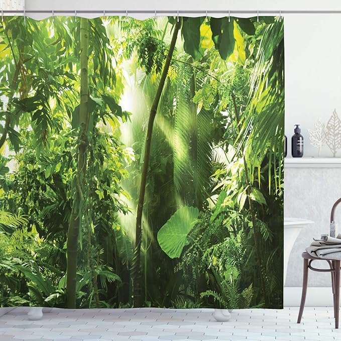 Ambesonne Forest Shower Curtain, Summer Tropical Monsoon Jungle with Exotic Tree Types and Big Leaves Scene, Cloth Fabric Bathroom Decor Set with Hooks, 69" W x 75" L, Yellow and Green