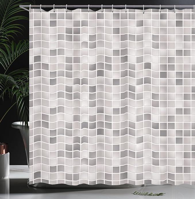 Ambesonne Pale Grey Shower Curtain, Square Tiles Classic Mosaic Patterns Print on The Modern Background Urban Life Boho, Cloth Fabric Bathroom Decor Set with Hooks, 69" W x 84" L, Pale Grey
