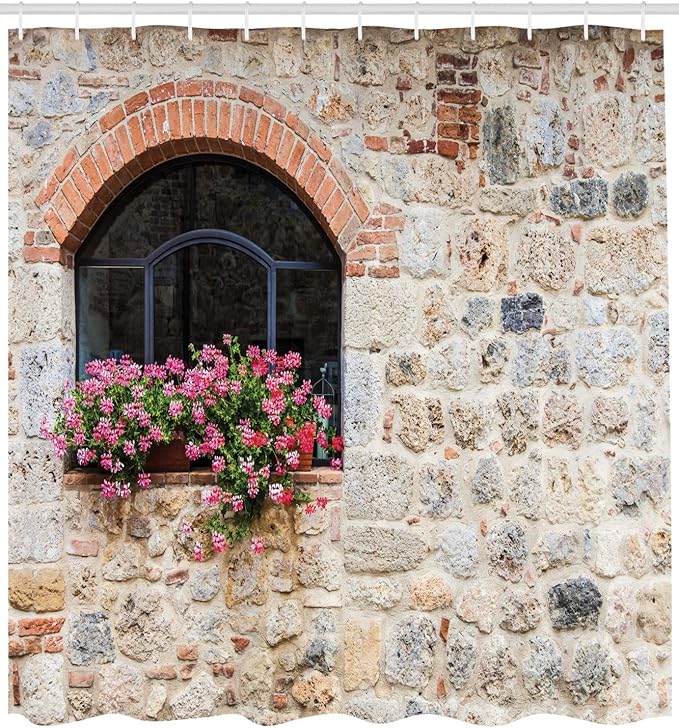 Ambesonne Tuscan Shower Curtain, Gothic Architecture Abandoned Old Stone House Vintage Stairs in Tuscany, Cloth Fabric Bathroom Decor Set with Hooks, 69" W x 75" L, Salmon Ivory