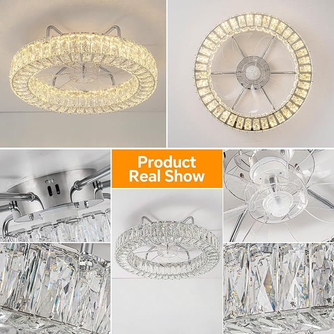 Fandelier Flush Mount Ceiling Fan with Lights and Remote Dimmable Crystal Ceiling Fan Chandelier 6 Wind Speeds 3 Color Bedroom Kids Room Living Room