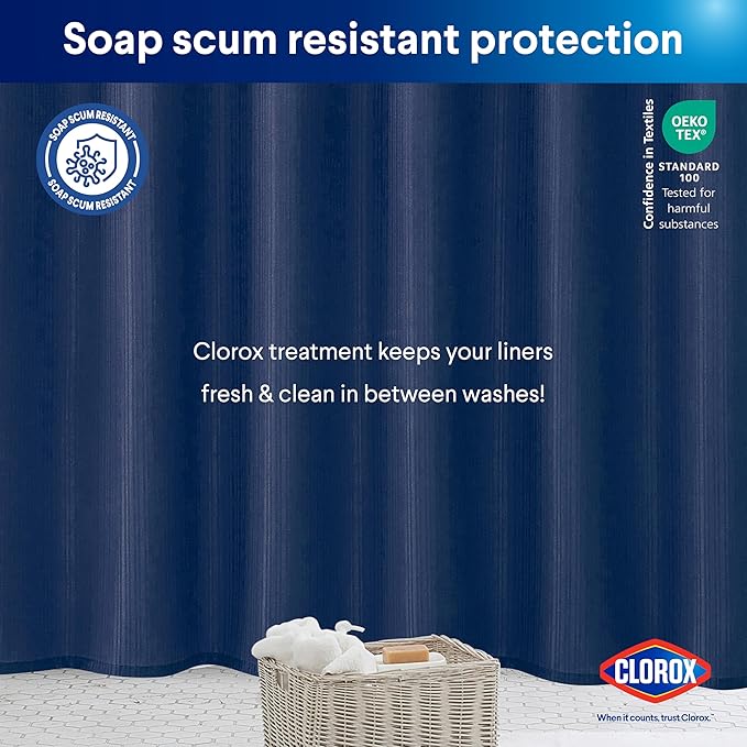 Clorox 2-in-1 Bathroom Shower Curtain Liner, Durable Fabric, Weighted Magnets for Bath Water Control, Washable Premium Quality, Modern - 72" x 72" Blue