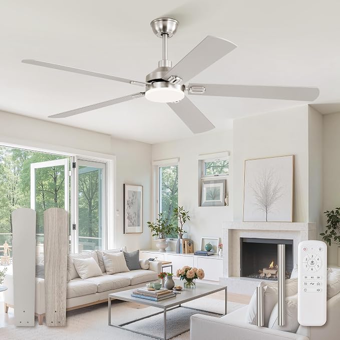 ZMISHIBO 60" Ceiling Fans with Lights, Nickel Modern Ceiling Fan with Remote, Bedroom Indoor Ceiling Fan with Dual Finish Blades, Quiet & Strong Motor, Bright LED Light