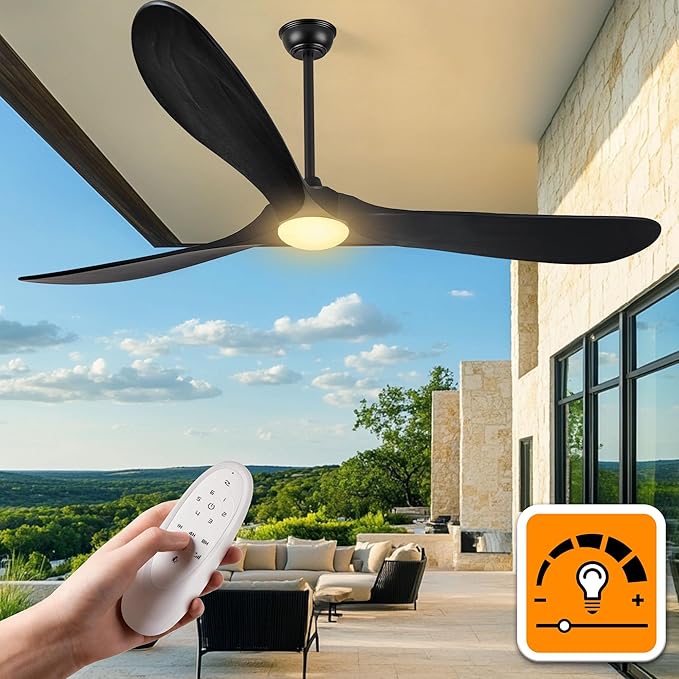 Haipeel 72 Inch Wood Ceiling Fans with Lights and Remote Control, Outdoor Ceiling Fan with Light Solid Wood Modern Black Large Ceiling Fans Propeller Indoor Patios Garage Bedroom High cfm, Matte Black