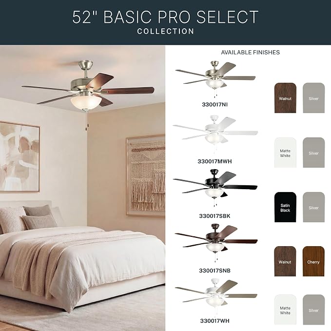 Kichler Basics Pro Premier 52 in Ceiling Fan with Light, Reversible Blade Indoor Fan with 4200 CFM High Airflow in Satin Black, LED Bulbs Included for Bedroom or Kitchen, 330016SBKS