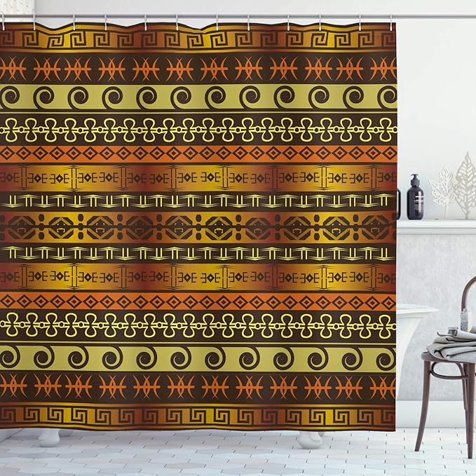 Ambesonne Prehistoric Shower Curtain, Indigenous Geometric Motifs Ornament Traditional Tribal, Cloth Fabric Bathroom Decor Set with Hooks, 69" W x 70" L, Brown Yellow Pale Orange