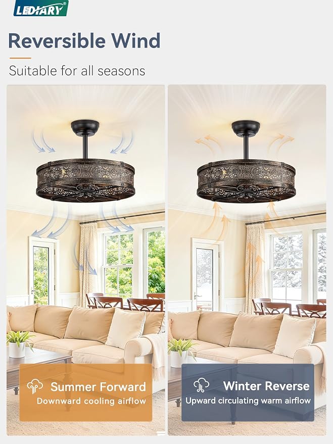 LEDIARY Farmhouse Chandelier Ceiling Fan with Light,20 Inch Black Gold Caged Enclosed Bladeless Fan Lights Ceiling Fixtures,Vintage Victorian Rustic Fandelier for Indoor,Kitchen,Bedroom,Living Room