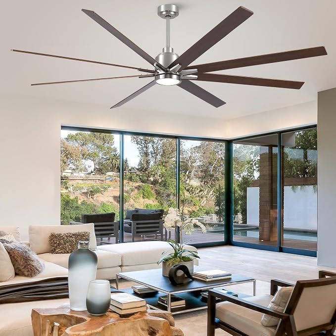 Rayqueen 84 Inch Brushed Nickel Ceiling Fans with Lights and Remote,Downrod | Walnut Blades,6 Speed Reversible DC motor,3-color temperature dimmable LED.5.9/11.8/23.6 inch downrod