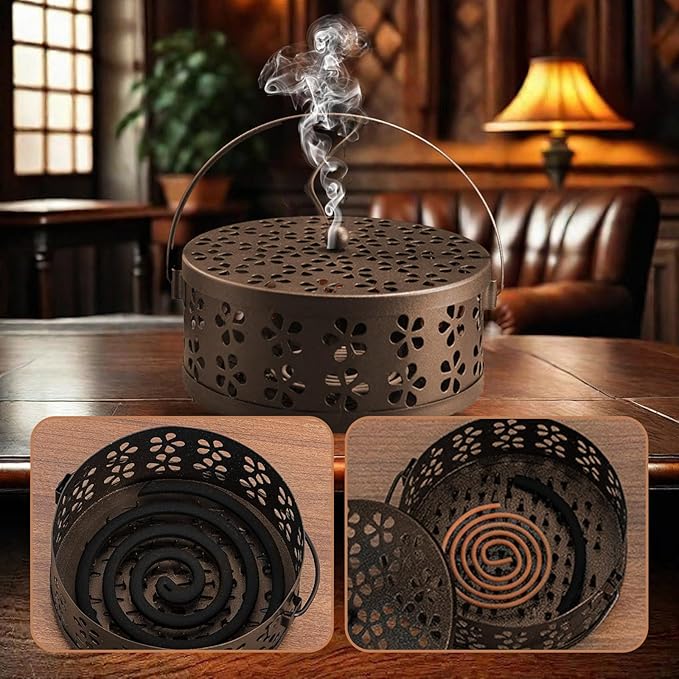 （2Pack,Bronze） Retro Portable Iron Mosquito Coil Holder with Handle Round Fireproof Incense Holder for Home Office.