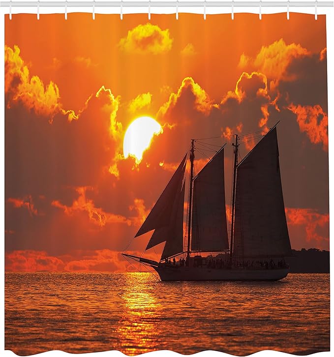 Ambesonne Sailboat Shower Curtain, Boat Sailing in Front of Sunset in Key West FloridSundown Tropical, Cloth Fabric Bathroom Decor Set with Hooks, 69" W x 75" L, Orange Dark Orange