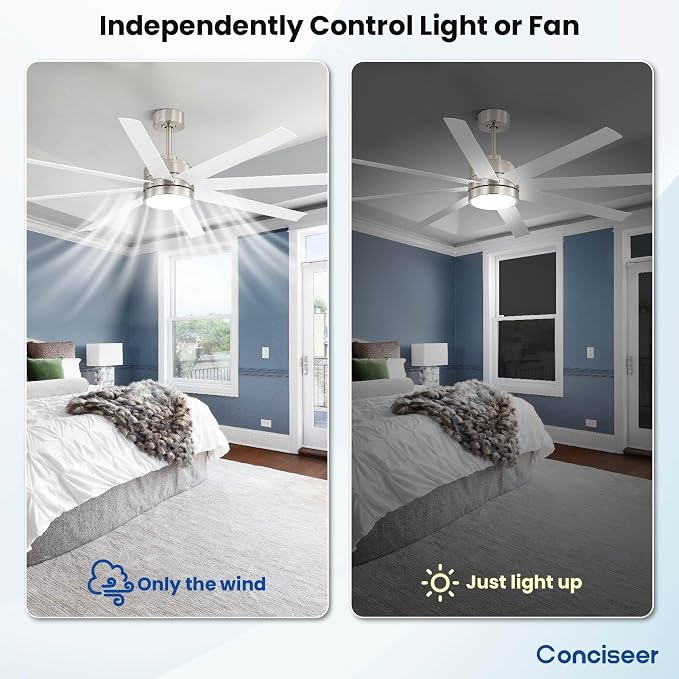 Conciseer 72 Inch Ceiling Fans with Lights and Remote for Bedroom Living Room Kitchen Library Cafe Outdoor/Industrial Use, 3CCT Dimmable, 8 Blades 6 Speed Reversible Quiet DC Motor, Sand-nickel/White