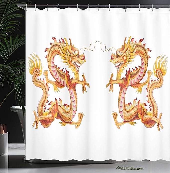 Ambesonne Dragon Shower Curtain, Twin Dragon Zodiac Statues Art Chinese Philosophy Themed Picture, Cloth Fabric Bathroom Decor Set with Hooks, 69" W x 70" L, Vermilion Yellow