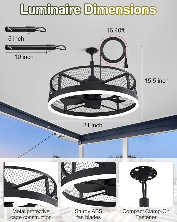 20'' Outdoor Ceiling Fan with Light, IP65 Waterproof Gazebo Hanging Fan, Remote Control, 3CCT, 6-Speed, Plug-in Caged Ceiling Fan for Patio Porch Pergola, Works with Alexa & Google Assistant