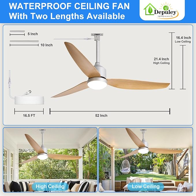 Depuley Outdoor Ceiling Fan with Light: 52 Inch Nickel Waterproof Gazebo Fans with Lights Outdoor Hanging - Plug in Remote App Control for Patio Indoor Farmhouse Porch - 6 Speed Reversible DC Motor