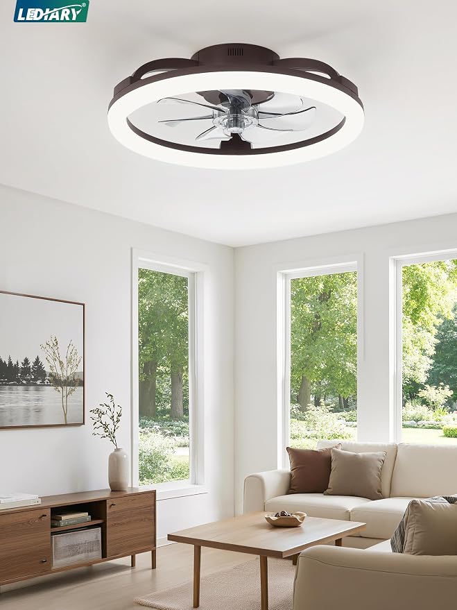 LEDIARY 20 Inch Low Profile Ceiling Fans with Lights and Remote, Dimmable Modern Fan Light(3000K-6000K), 6 Speed, Reversible, APP & Remote Control, Flush Mount Ceiling Fan for Bedroom, Brown