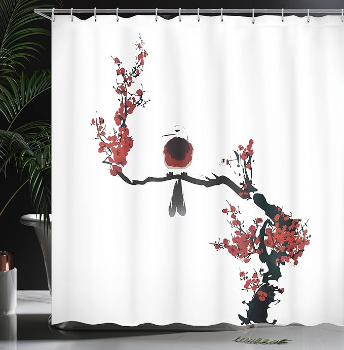Ambesonne Nature Shower Curtain, Bird on Cherry Tree Summertime Classic Painting Style Illustration Print, Cloth Fabric Bathroom Decor Set with Hooks, 69" W x 84" L, Black Red