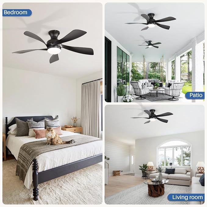 Sofucor 42 Inch Low Profile Ceiling Fan with Light, Flush Mount Outdoor Black Ceiling Fan with Remote for Bedroom Living Room Patio, Dimmable LED High Airflow Quiet Reversible DC Motor