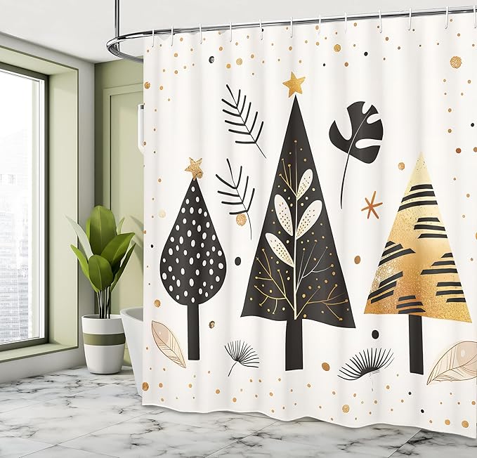 Ambesonne Christmas Shower Curtain, Modern Scandi Xmas Theme with Pine Exotic Monstera and Palm Trees, Cloth Fabric Bathroom Decor Set with Hooks, 69" W x 84" L, Beige Black Charcoal Grey