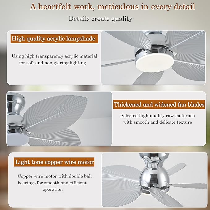 GJeg Tropical Ceiling Fans with Light, 38-inch Flush Mount Palm Leaf Ceiling Fans for Bedrooms, Indoors and Outdoors, Remote Control/APP Control, 6-Speed, Dimmable, Reversible,Chrome