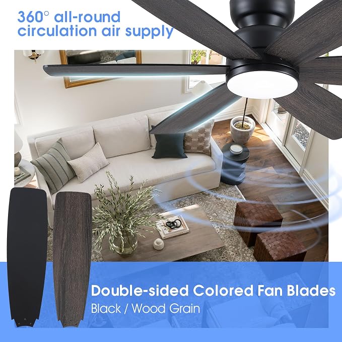 Kviflon 46 Inch Modern Ceiling Fans with Lights Remote/APP Control, Low Profile Ceiling Fan with Light, Flush Mount, 3CCT, 6 Reversible Blades, 6 Speeds, Double Sided for Bedroom Living Room, Black