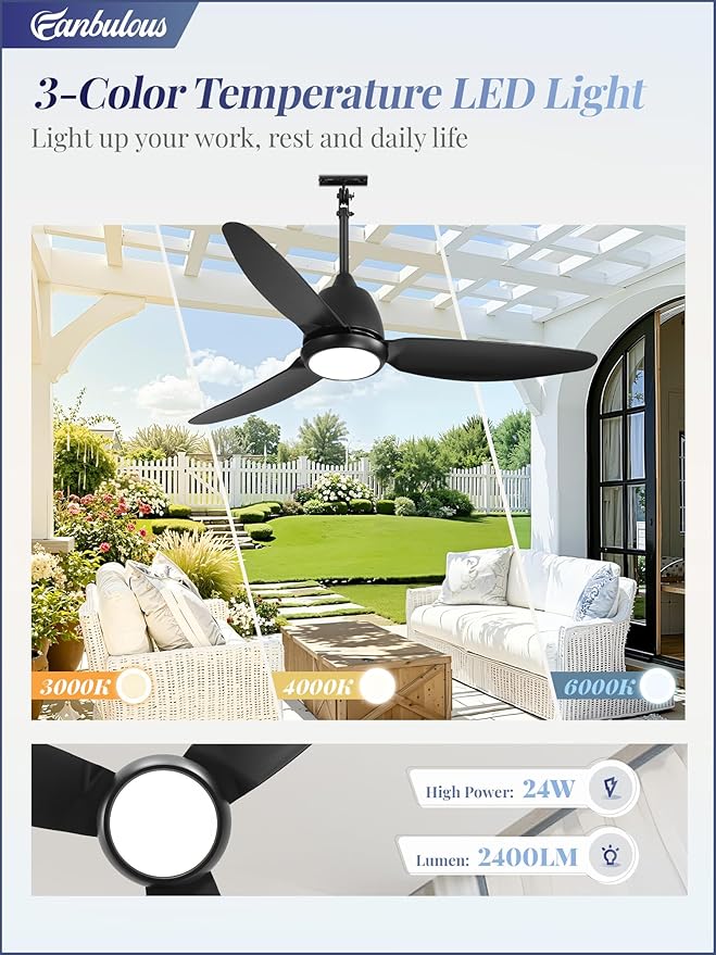 Fanbulous 42" Outdoor Ceiling Fan with Light, IP65 Waterproof Wet Rated, Plug in Gazebo Fan with 10FT Cord, Smart APP & Remote, 6-Speed Reversible DC Motor, 3CCT Dimmable LED for Patio Porch (Black)