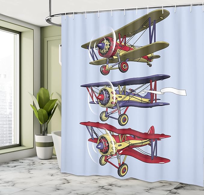 Ambesonne Airplane Shower Curtain, Retro Look 3 Biplanes Flies on a Background of The Pastel Sky Ink Paint Old Fashioned Travel Print, Cloth Fabric Bathroom Decor Set with Hooks, 69" W x 84" L, Aqua