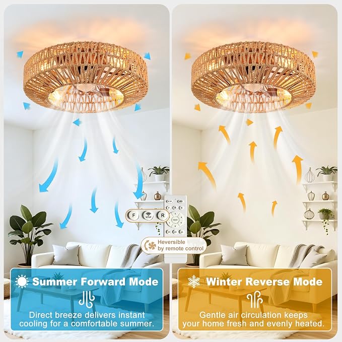 Depuley Boho Ceiling Fan with Light: 20 Inch Textured Rope Flush Mount Fandelier with Remote and Timer Control - Walnut Caged Ceiling Fan with 6 Speeds - Indoor Quiet Fan for Bedroom and Living Room