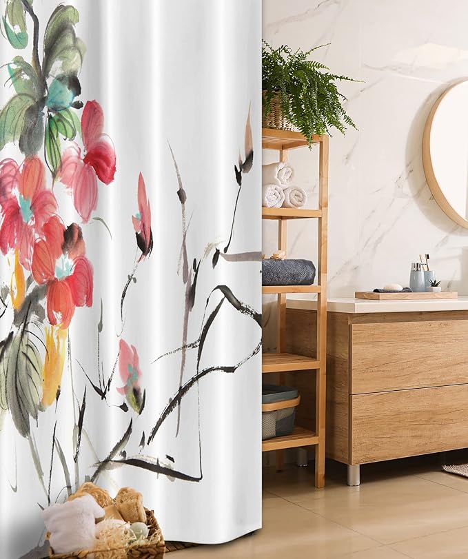 Ambesonne Japanese Stall Shower Curtain, Popular Early Period Watercolors Print with Vivid Floral Motifs Art Picture, Fabric Bathroom Decor Set with Hooks, 36" W x 72" L, Coral Green