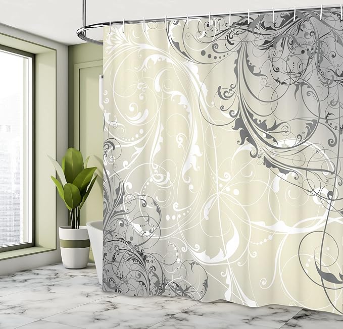 Ambesonne Floral Shower Curtain, Baroque Swirled Branches Curved Flower Leaves Shabby Form Nature Pattern, Cloth Fabric Bathroom Decor Set with Hooks, 69" W x 75" L, Eggshell White