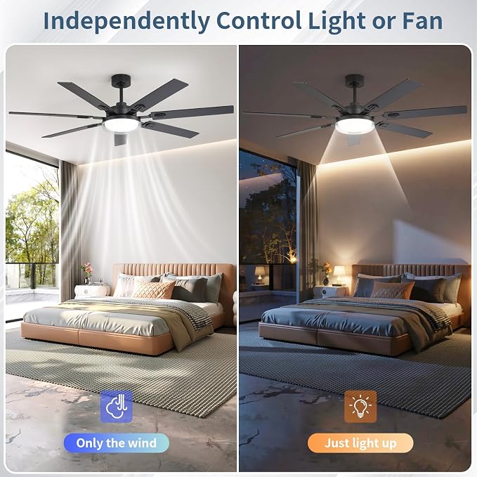 64 Inch Ceiling Fans with Lights and Remote,Living Room Office Library Cafe Outdoor, 5CCT Dimmable, Dual Color 7 Blades, 6 Speed Reversible Quiet DC Motor, Dual-Layer Shade, Black/Wood Grain