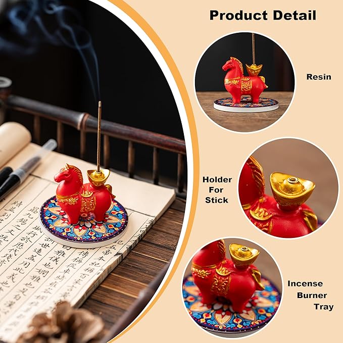 Horse Incense Burner-Resin Fortune Horse Incense Holder with Tray & Gift Box,Aromatherapy Decor for Yoga, Meditation,Home Office,Horse Lover Gift (Red)