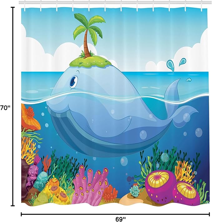 Ambesonne Cartoon Shower Curtain, Dolphin with Tiny Tree on His Head in The Water with Sea Plants Cartoon Art, Cloth Fabric Bathroom Decor Set with Hooks, 69" W x 70" L, Blue Green Purple