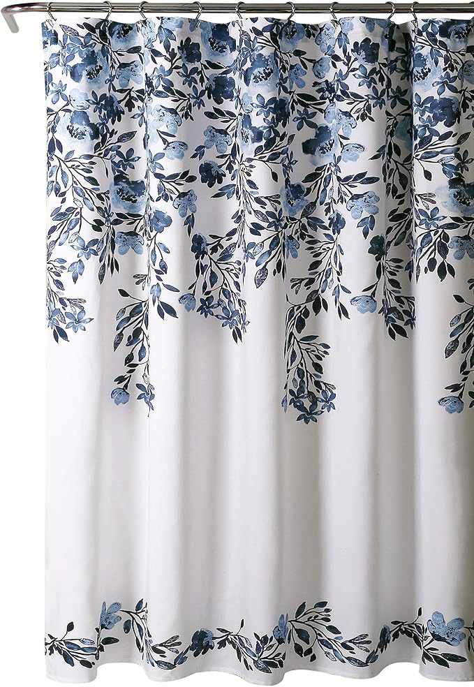 Lush Decor Tanisha Shower Curtain, 72" W x 72" L, Navy & White - Navy Blue Flower Vine Print - Beautiful & Elegant Floral Shower Curtain - Modern Farmhouse, Cottage & French Country Bathroom Decor