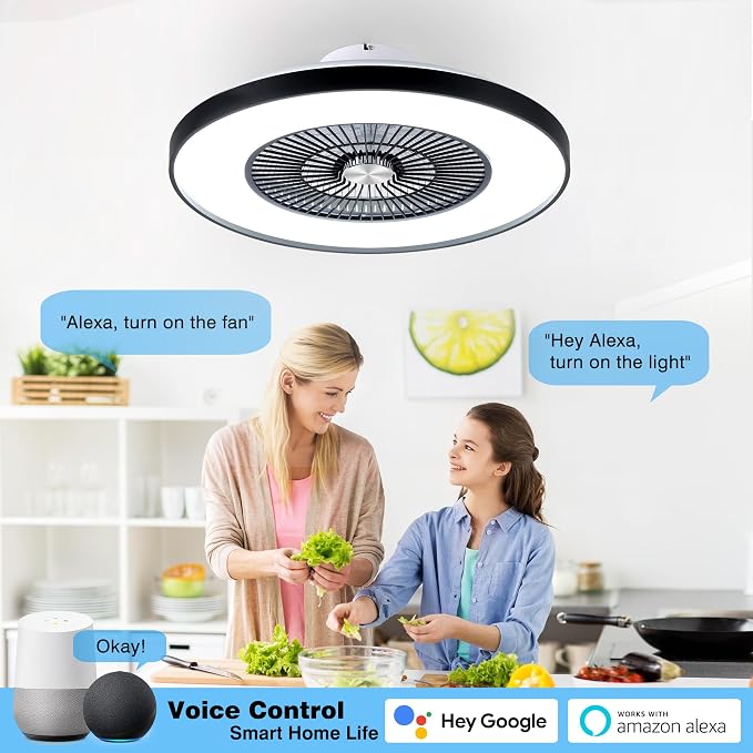 24" Bladeless Ceiling Fans with Lights and Remote/APP/Voice Control, Low Profile Ceiling Fan with RGB Lights, Enclosed Flush Mount Ceiling Fan for Kid's Bedroom/Living Room