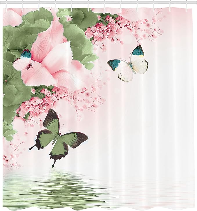 Ambesonne Floral Shower Curtain, Nature Theme Wild Flowers Monarch Flying Butterflies Lily on Lake Therapy Spa, Cloth Fabric Bathroom Decor Set with Hooks, 69" W x 70" L, Pistachio Green
