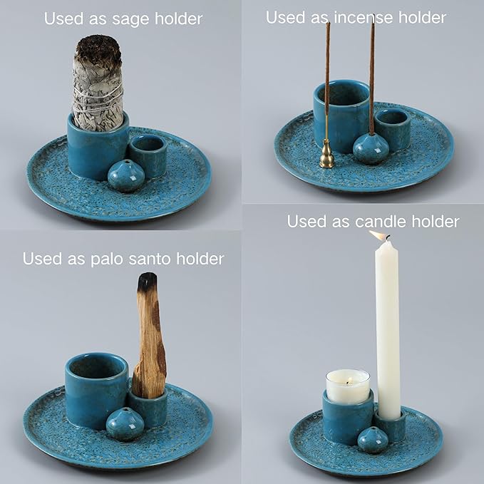 5 in 1 Incense Holder Burner, 5.9" Ceramic Holder for Burning Palo Santo Sage Candle and Incense Sticks Cones, Ash Catcher Tray for Meditation Room Home Décor (Blue)