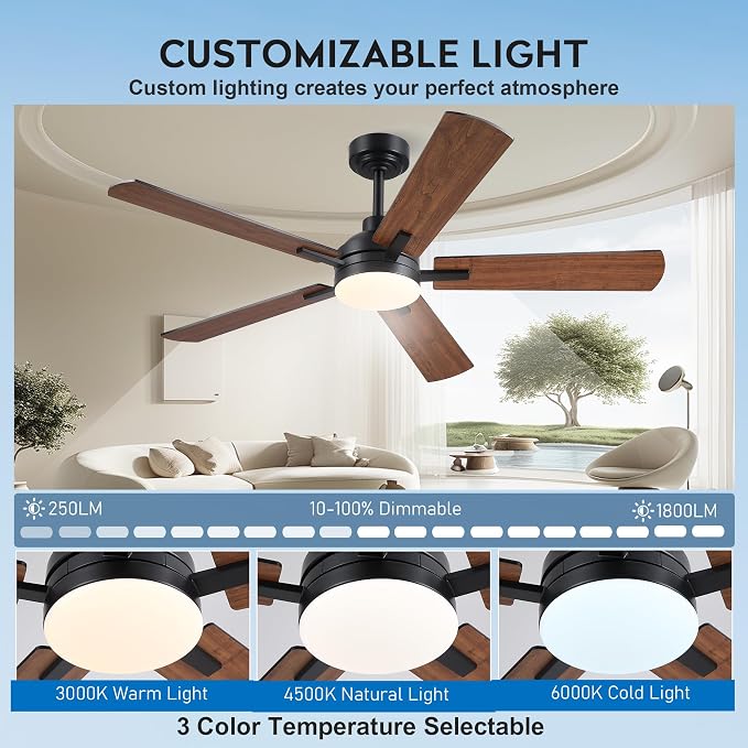 JSAITEE 52 Inch Smart Ceiling Fan with Lights, Remote & App Control, DC Reversible Motor, 6 Speeds Quiet 35dB, 3CCT Dimmable LED, Low Profile Modern Ceiling Fans for Bedroom Living Room, Brown