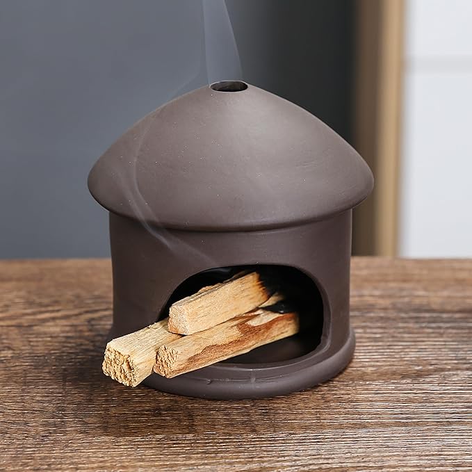 Palo Santo Holder, Sage and Palo Santo Stick Burner Holder, Chiminea Incense Holder, Handmade Ceramic Smudge Bowl, Ash Catcher with Mini Chimney, for Energy Cleansing, Yoga, Meditation Relaxation