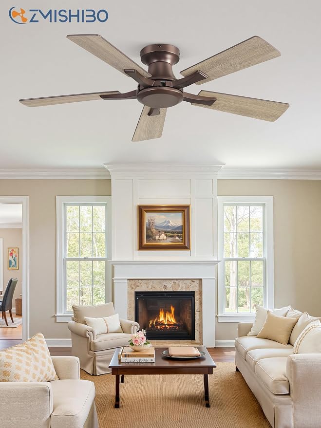 ZMISHIBO 42 Inch Ceiling Fan No Light, Flush Mount Low Profile, Farmhouse Brown Ceiling Fan Without Light, Remote Control & Quiet DC Motor, for Indoor&Outdoor, Bedroom, Living Room