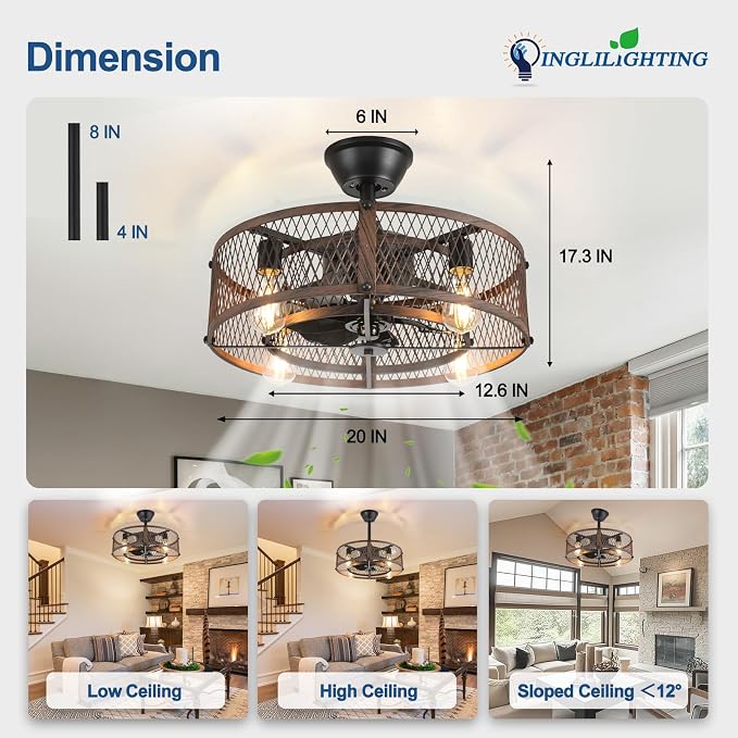 DLLT Caged Ceiling Fan with Lights: 20" Farmhouse Fandelier with Light and Remote - Walnut Industrial Chandelier Fan Light for Bedroom Living Dining Room Kitchen