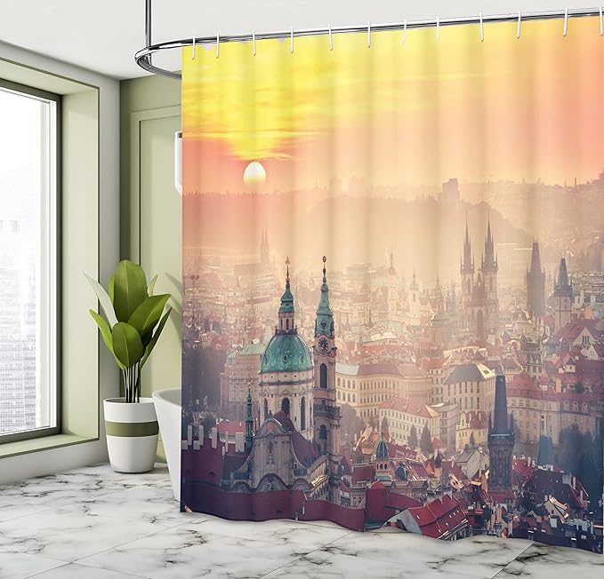 Ambesonne European Shower Curtain, Sunrise in Prague Old Medieval Town Historical Monumental Nostalgic Boho Form, Cloth Fabric Bathroom Decor Set with Hooks, 69" W x 75" L, Ruby